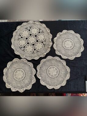 Vintage Handmade Beige Crochet Doily Set -Cottagecore Boho Grannycore